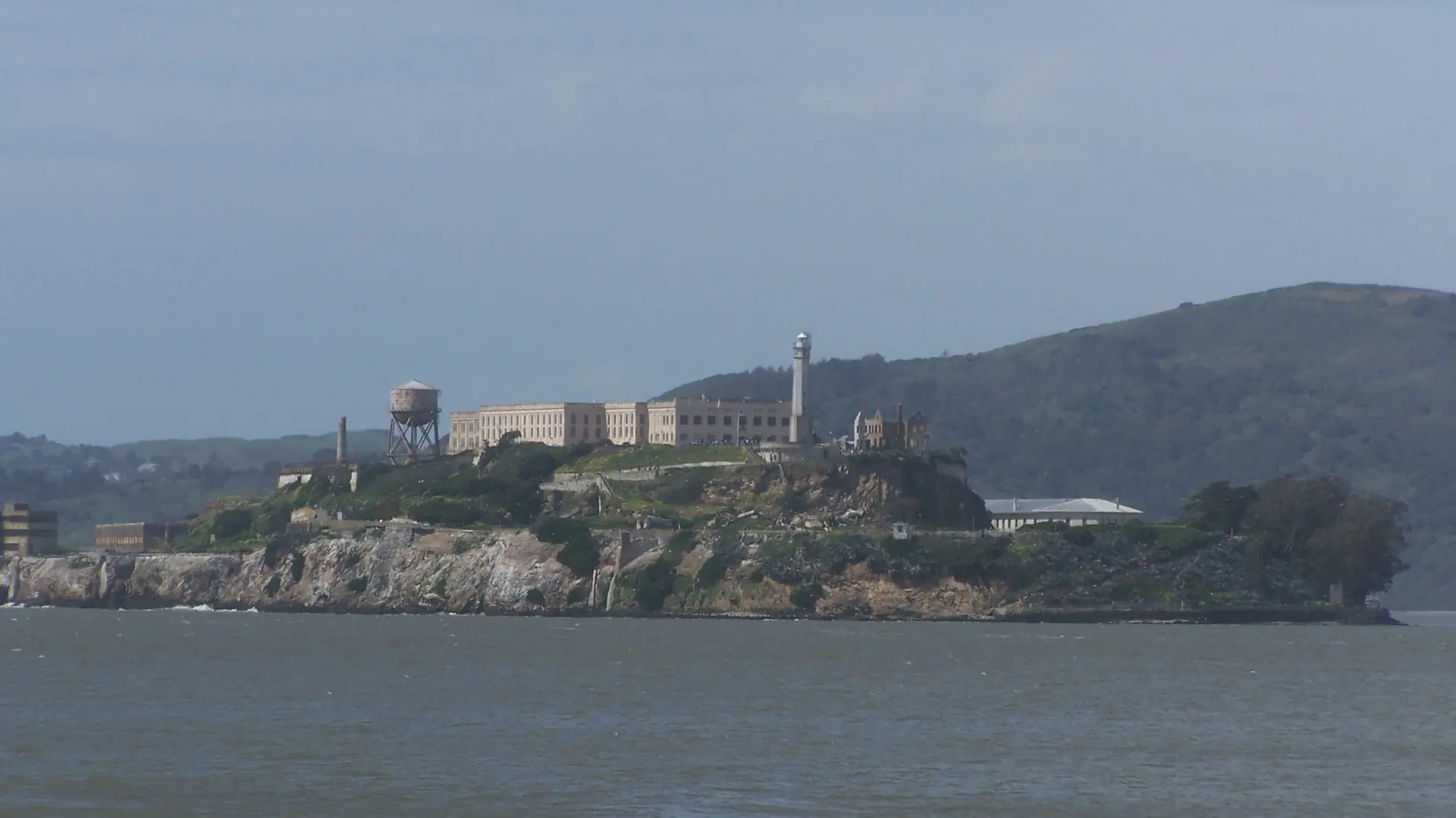 Fog rolling over the ferry approach to Alcatraz Island, San Francisco Bay